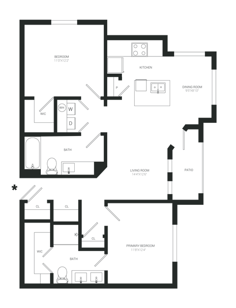 Floor plan for 2 beds, 2 baths, 1085 sqft